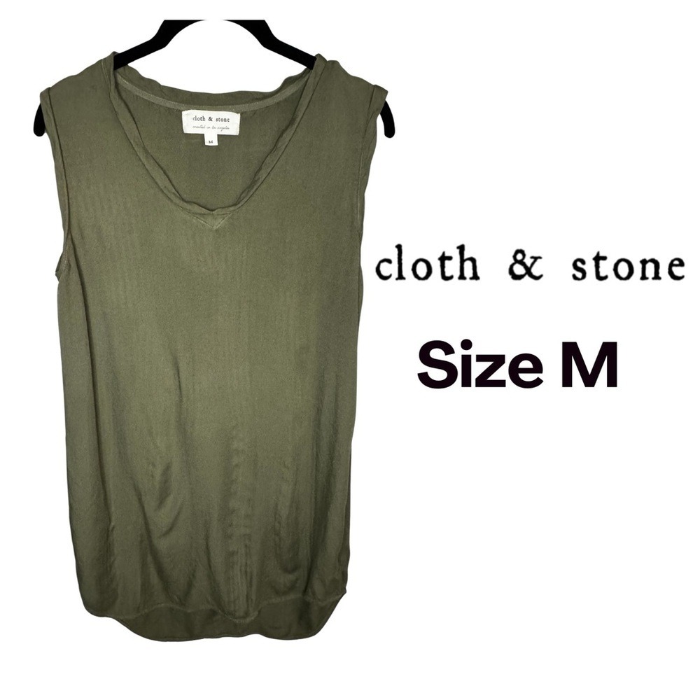 Cloth & Stone Olive Green Sleeveless Tunic Top Women's Size M Rayon V Neck EUC